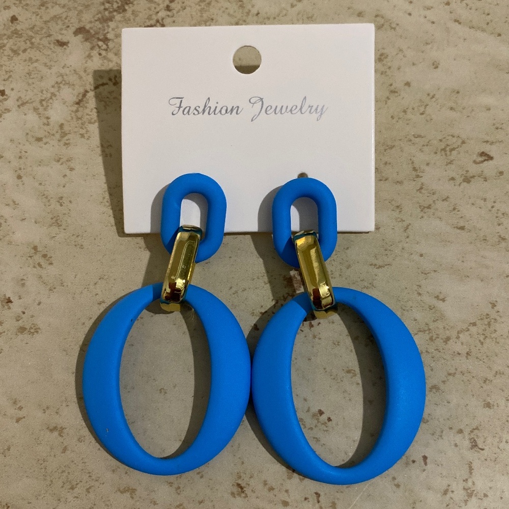 *NEW*  BEAUTIFUL BLUE & GOLD DANGLE POST ELEGANT  PRETTY EARRINGS